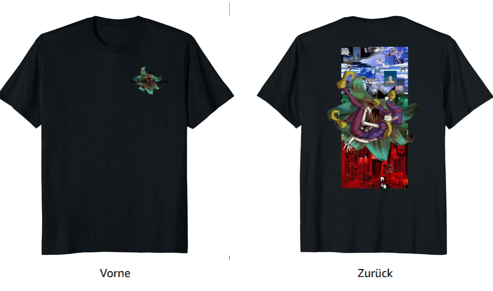 T-Shirt zu The Fool’s Reverie: vorne klein das Logo, hinten der Narr in einer Collage aus Himmel und Stadt