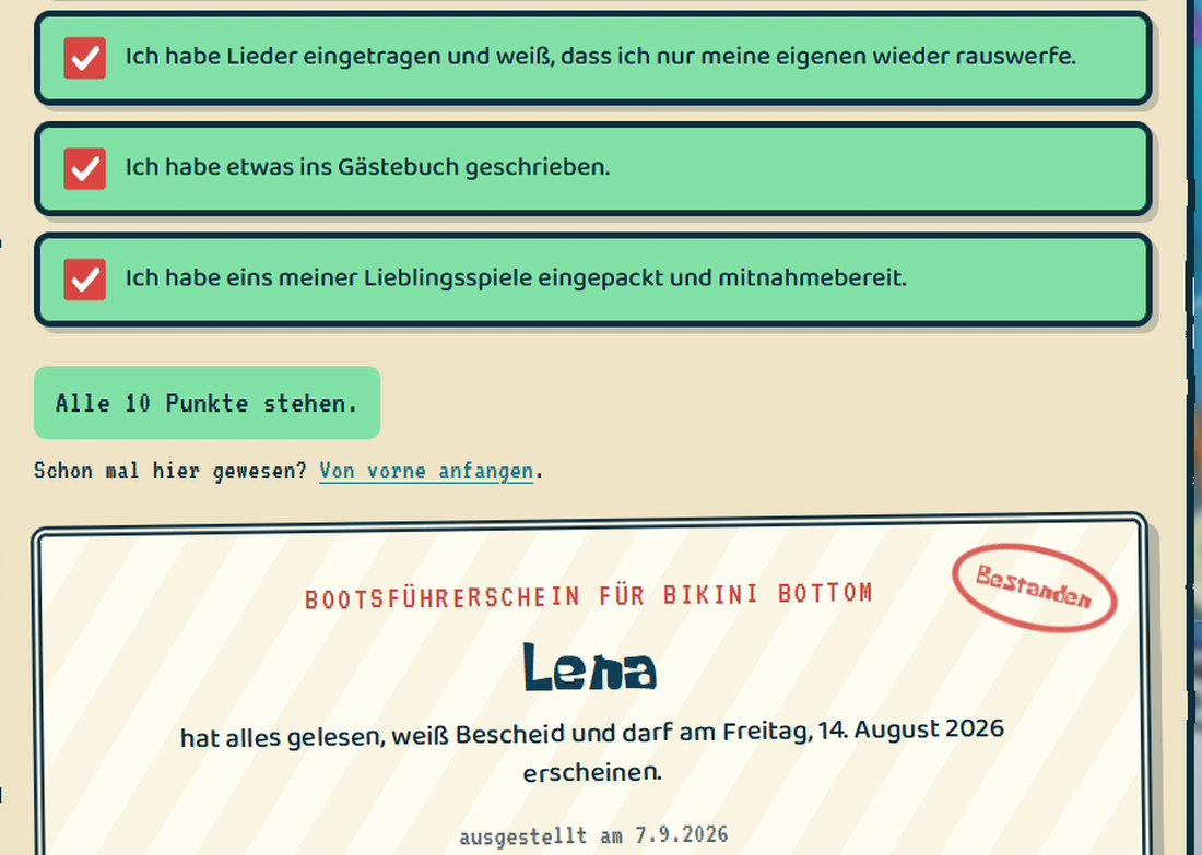 Abgehakte Checkliste in Grün und darunter eine ausgestellte Urkunde mit Namen und Datum