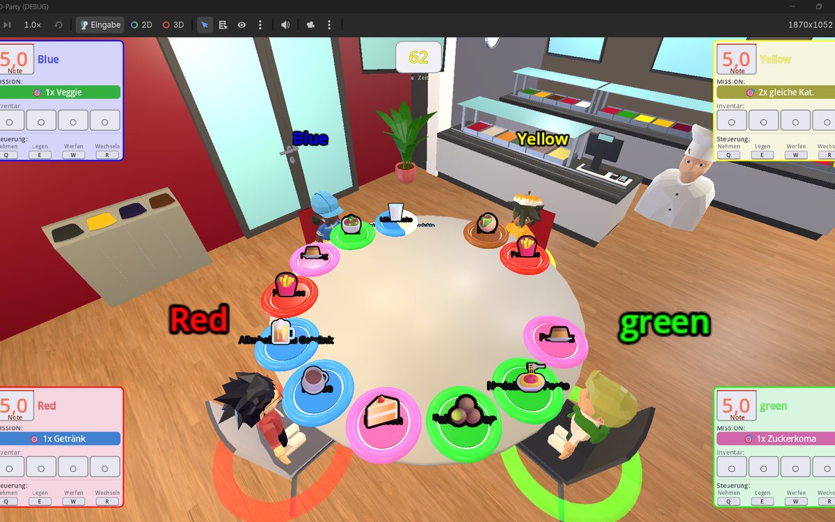 Screenshot aus Mensa Roulette: vier Spielfiguren an einem drehenden Tisch voller Gerichte